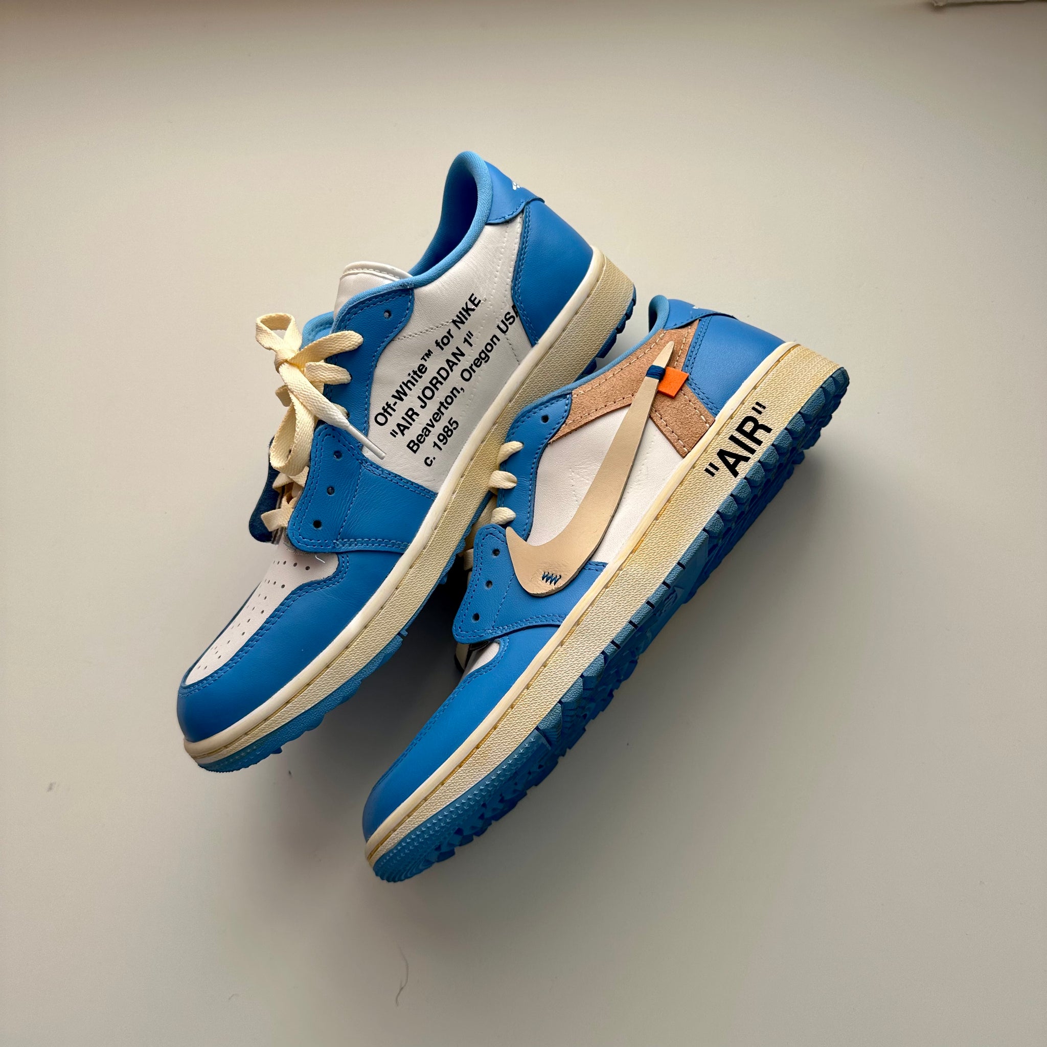 Off-White Jordan 1 Low 'UNC Cream' Custom – KICKSBYN8 Off-White Jordan 1 Low 'UNC Cream' Custom – KICKSBYN8